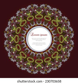 Round vector frame with floral symmetrical elements on dark background. Delicate pattern with place for your text. Lacy leaves.Perfect for greetings, invitations or announcements