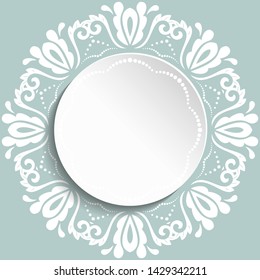 Round vector frame with floral white elements and arabesques. Pattern with arabesques. Fine greeting card