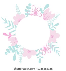 Round vector frame with flower and leaves. For wedding invitation card, print.