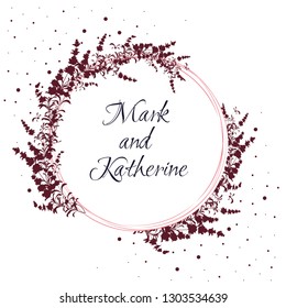 Round vector frame with flowers of lavender, Burgundy. The template for the invitations. All elements are isolated. The silhouette of lavender is red.