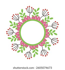 Round vector frame with flowers and leaves on the white background