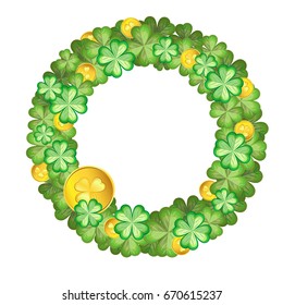 Round vector frame of four-leaf clover and gold coins