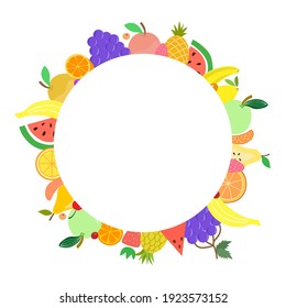 Round vector frame of fruits: watermelon, banana, pineapple, grapes, apple, lemon, strawberry, pear, cherry, berry. Frame for text, summer composition, banner, poster, cover. Delicious healthy fruits