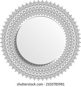 Round vector frame with grey floral elements and arabesques. Pattern with arabesques. Fine greeting card