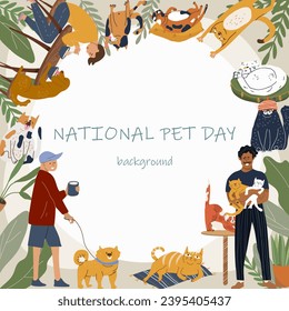 Round Vector frame hational pet day, cat day, pet friendly cafe, cat cafe, background, template, vector illustration, pets day, small business, cartoon, characters cats, dogs.