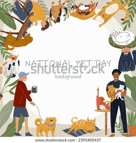 Round Vector frame hational pet day, cat day, pet friendly cafe, cat cafe, background, template, vector illustration, pets day, small business, cartoon, characters cats, dogs.
