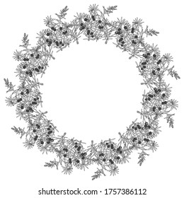 Round vector frame with juniper on white. Illustration with place for text, can be used creating card, menu or invitation card.