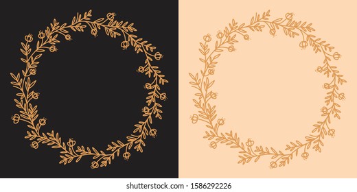 Round vector frame with leaves, Set with leaves. Botanical illustration. Fern, eucalyptus, boxwood. Vintage floral background. Vector design elements. Isolated. Black and white.