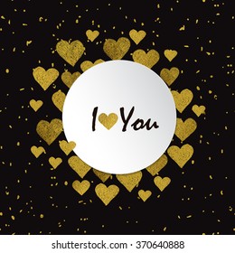 Round Vector Frame made of Hand Drawn Gold foil Doodle Hearts.Valentine's Day Background. 