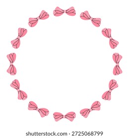 Marco de Vector redondo hecho de arcos de satén rosa. Diseño del marco del arco. Ilustración vectorial. Plantilla linda decorativa