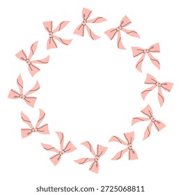 Marco de Vector redondo hecho de arcos de satén rosa. Diseño del marco del arco. Ilustración vectorial. Plantilla linda decorativa