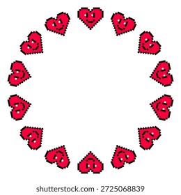 Round vector frame made of red pixel hearts with faces. Love frame design. Vector 8bit pixel illustration. Decorative heart template