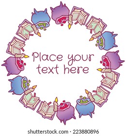 round vector frame magical pot and books with spells - template for cards or ticket