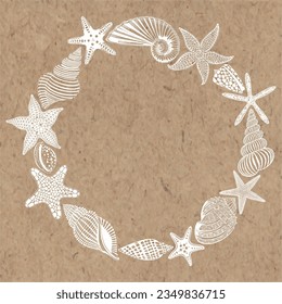 Round vector frame on a marine theme. Luxury design with shells, starfish and place for text on kraft paper. Template design for text, packaging and prints. 