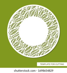 Round vector frame with openwork pattern of leaves and copy space. Design element, sample panel for plotter cutting, handmade. Template for paper cut, plywood, cardboard, metal engraving, wood carving