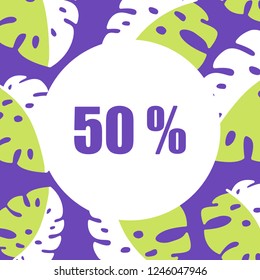 Round vector frame with palm tree branches background and Summer Sale 50 off special offer text