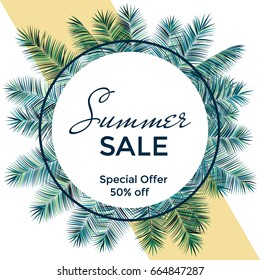 Round vector frame with palm tree branches background and Summer Sale 50 % off special offer text. Green and blue discount label circle border, marketing banner, tropical forest or jungle leaves.