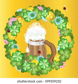 Round vector frame quatrefoils, clover flower and gold coins. Near mug of beer. Background gold gradient