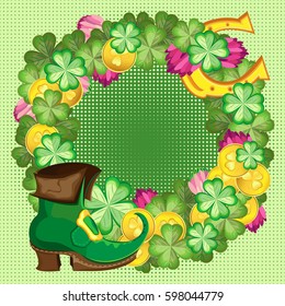 Round vector frame quatrefoils, gold coins and clover flowers. Next to the wreath boot leprechaun. Above right Golden Horseshoe.