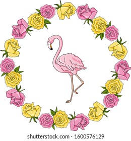 Round vector frame with roses and flamingo