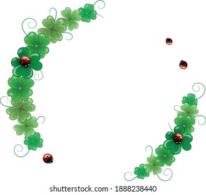 Round vector frame for St. Patrick's Day. A wreath of clover leaves and ladybirds. The frame has a place for the text.