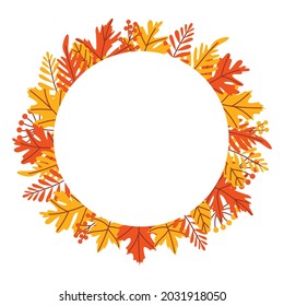 Round vector frame is a template for autumn greeting cards, notebook and album covers, for printing illustrations on clothes, bags, etc. Composition of orange and yellow oak, maple and other leaves.