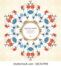 Round vector frame. Vintage pattern in modern style. Aquilegia plants contain flowers, buds and leaves. Seamless simple delicate ornament.