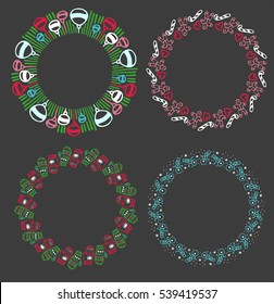 Round vector frames and wreaths made of different abstract elements drawn with black ink pen. Christmas and new year motifs and patterns. For design of frames, headers, banners, greeting cards.