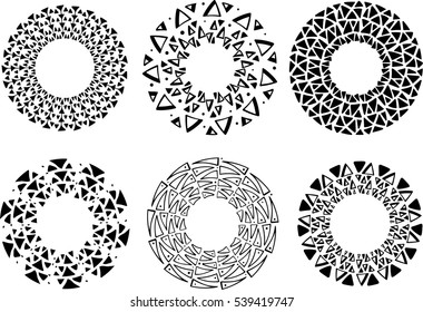 Round vector frames and wreaths made of different abstract elements drawn with black ink pen. Abstract triangles black motifs and patterns. For design of frames, headers, banners, greeting cards.
