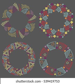 Round vector frames and wreaths made of different abstract elements drawn with black ink pen. Triangle and line colored motifs and patterns. For design of frames, headers, banners, greeting cards.