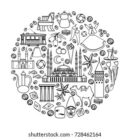 Round vector frame,Turkey cartoon travel illustration, landmark Galata tower, Mount Nemrut, Selimiye mosque, Izmir clock tower, library of Celsus, turkish symbol Trojan horse, decorative icon line art