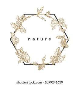 Estructura geométrica redonda vectorial con árbol de café, rama, hojas, flor, judía Línea de arte botánico elegante ilustración. Bouquet de estilo vintage. Diseño floral simple para tarjeta, plantilla, etiqueta, embalaje

