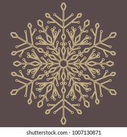 Round vector golden snowflake. Abstract winter ornament. Fine snowflake