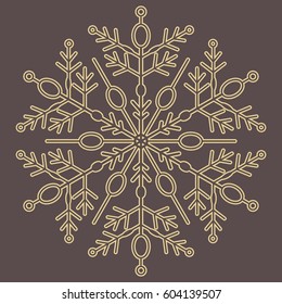 Round vector golden snowflake. Abstract winter ornament. Fine snowflake