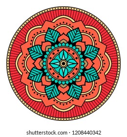 Round vector hand drawn Mandala for a New Year greeting card. Can be used for phone case print, etc. Ethnic mandala with colorful ornament. Isolated on white. EPS 10
