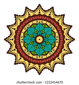 Round vector hand drawn Mandala for a New Year greeting card. Can be used for phone case print, etc. Ethnic mandala with colorful ornament. Isolated on white. EPS 10
