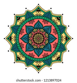 Round vector hand drawn Mandala for a New Year greeting card. Can be used for phone case print, etc. Ethnic mandala with colorful ornament. Isolated on white, EPS 10
