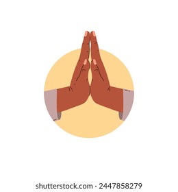 Round vector icon in a flat style with the image of praying hands, symbolizing hope, forgiveness, faith and spirituality. Ideal for religious and spiritual logos and concepts.