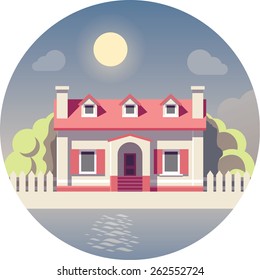 Round vector icon representing flat house on the beach