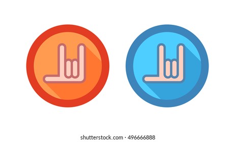 Round Vector Icons with Hand Gesture of Rock and Roll in Blue and Red color.