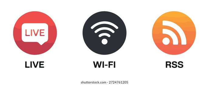 Ícones de vetor redondos para transmissão ao vivo, Internet sem fio e RSS feeds, cada um com cores e tipografia distintas