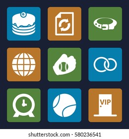 round vector icons. Set of 9 round filled icons such as belt, clock, reload, cake, rings, vip door, baseball glove, tennis ball