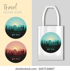 Ilustração vetorial redonda da paisagem da ilha de Bali com templos, montanhas e nascer do sol em estilo plano moderno. Inclui maquete de saco de tote. Perfeito para impressões de viagem, lembranças, presentes e design turístico 