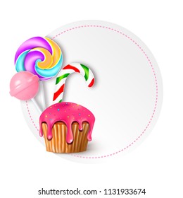 Round vector illustration with candies, sweets and lollipops