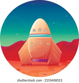 Round vector illustration of conquering mars, spaceship on the surface of the red planet, space intergalactic tourism, conquering universe, rocket explorers of interstellar flights, icon for start up