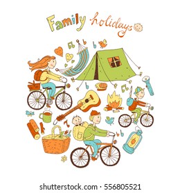 Round vector illustration with friendly family and camping equipment: mum, dad, son, tent, picnic basket, guitar.Cute doodle cartoon style.