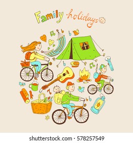 Round vector illustration with friendly family and camping equipment: mum, dad, son, tent, picnic basket, guitar.Cute doodle cartoon style.