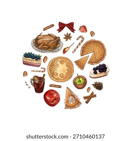 Ilustración vectorial redonda con bocetos vintage dibujados a mano de comida festiva de vacaciones: pavo asado, pasteles, pasteles, vino caliente, manzanas, dulces y especias en una paleta de colores cálidos. Perfecto para el Día de Acción de Gracias, Navidades y celebraciones de invierno.