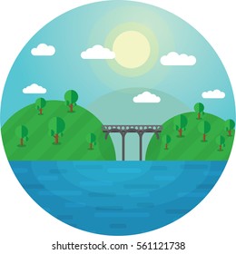 Round vector illustration landscape bridge between two hills and the lake shores.
