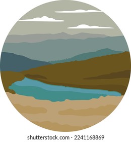 Runde Vektorgrafik der Landschaft mit Bergen und See